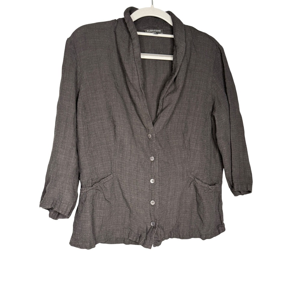 Eileen Fisher 3/4 sleeve‎ linen blazer jacket lightweight career wear in black